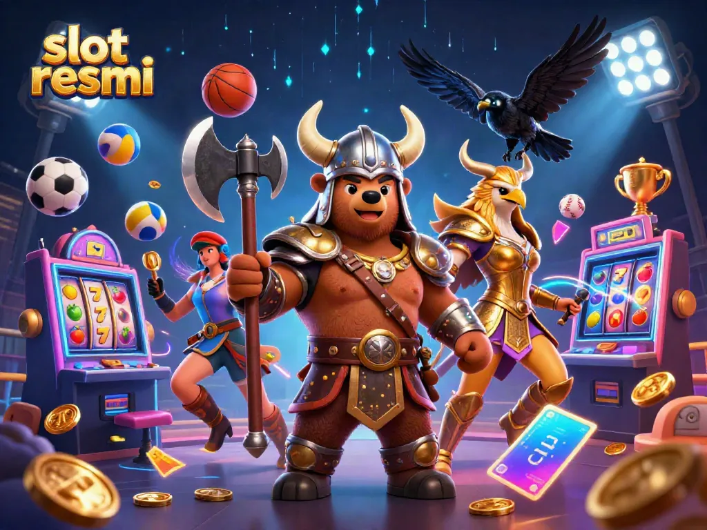 Spin the reels of slot resmi with Viking and eagle characters amid a vibrant gambling scene.