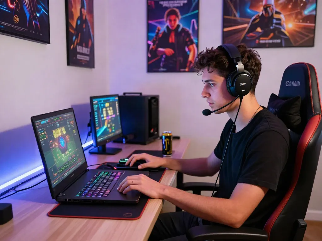 Engaging individual playing casino not on gamstop game on a stylish gaming laptop.