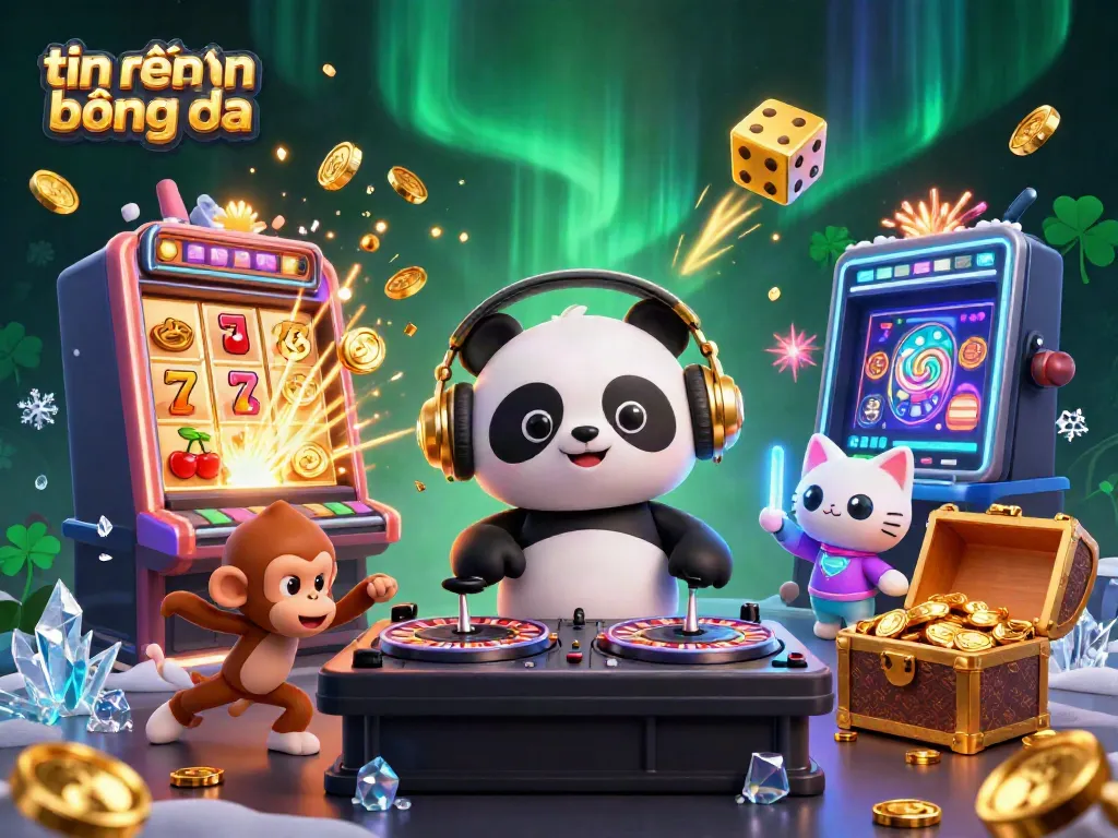 Engaging 3D scene illustrating tin nhận định bóng đá with DJ panda and dynamic characters amid a vibrant casino environment.