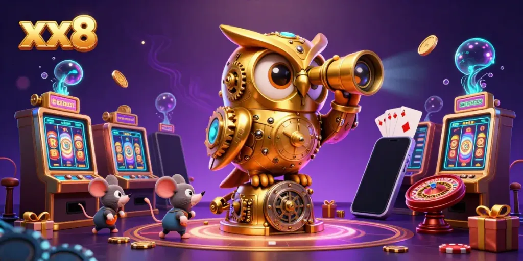 Spin the reels with xx8 in this vibrant 3D casino scene featuring a whimsical golden owl and lively patrons.