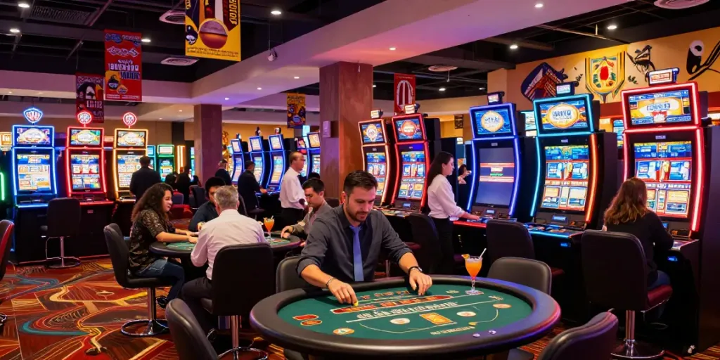 Casino not on Gamstop interior featuring lively gaming floor with players, vibrant atmosphere, and colorful lights.