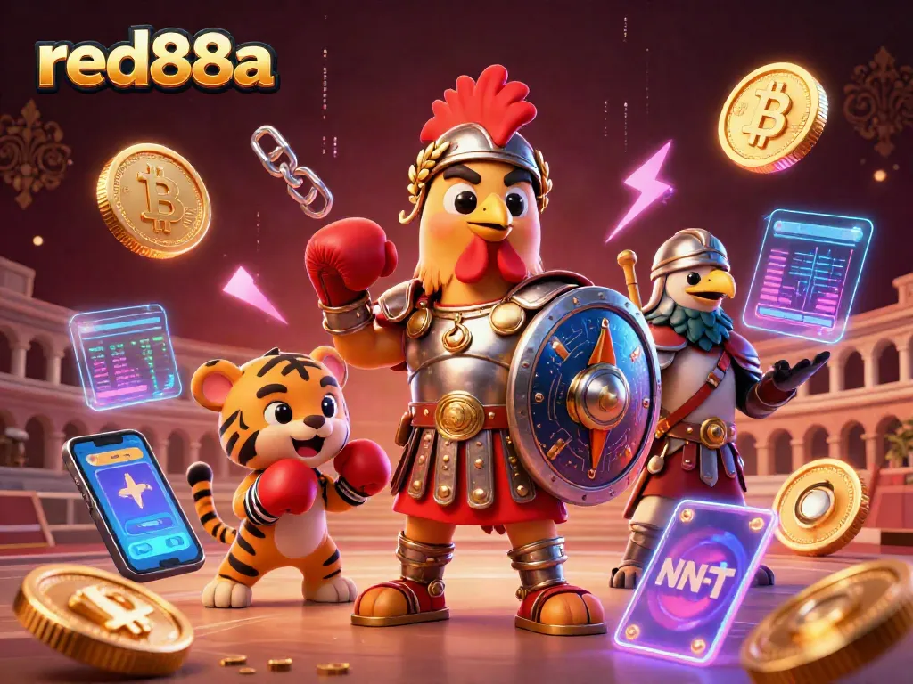Engage in the thrilling world of red88a with a vibrant 3D digital casino illustration featuring unique game elements.