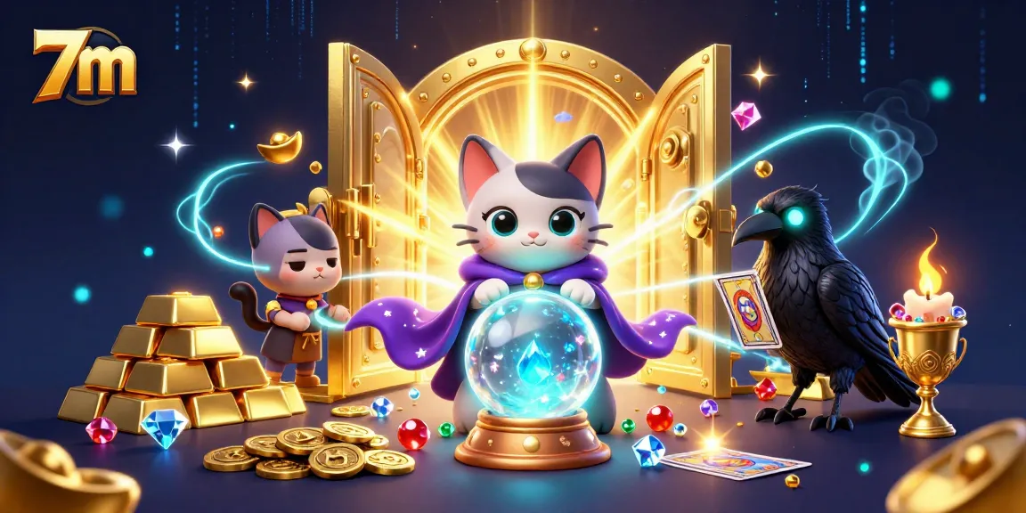 Experience excitement with 7m as the fortune teller cat and raven deal cosmic treasures amidst sparkling gems.