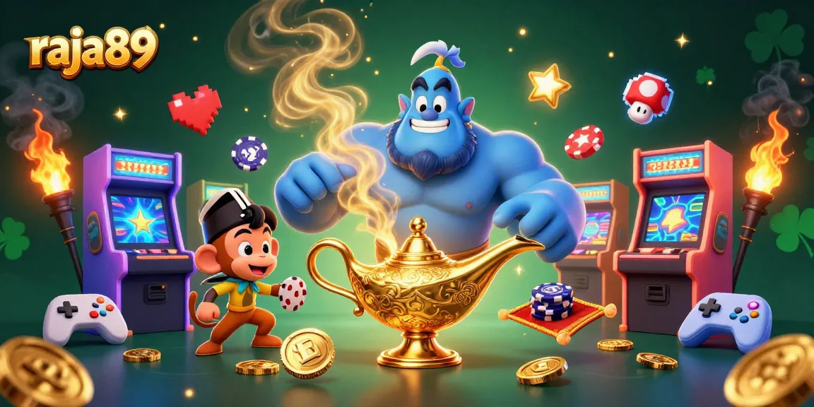 Experience raja89 gaming thrills with a vibrant genie and monkey in a golden, casino-themed world.