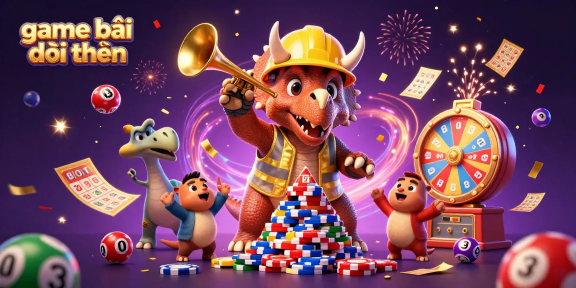 Engaging game bài đổi thưởng scene with cartoon characters celebrating amidst lottery elements and vibrant colors.