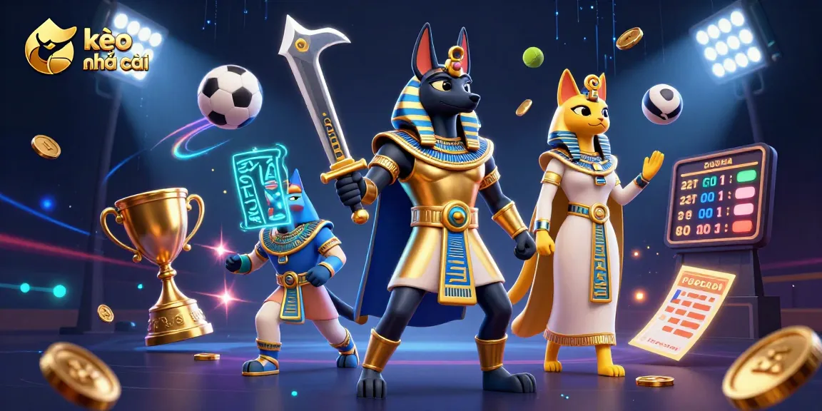 Bet on kèo nhà cái with a dynamic scene showcasing ancient Egyptian imagery and sports elements.
