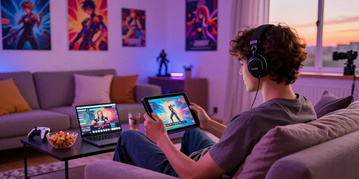 Engaged player enjoying a hentai game on a tablet in a cozy gaming setup.