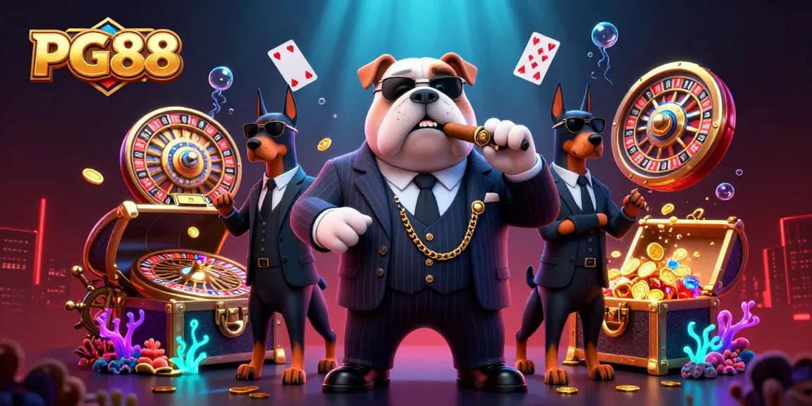 PG88 casino scene featuring a bulldog mafia boss and Doberman bodyguards with slot reels and gold coins