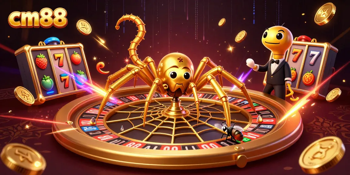 Experience thrilling slots at cm88 with a golden spider and a nervous fly in a vibrant casino scene.