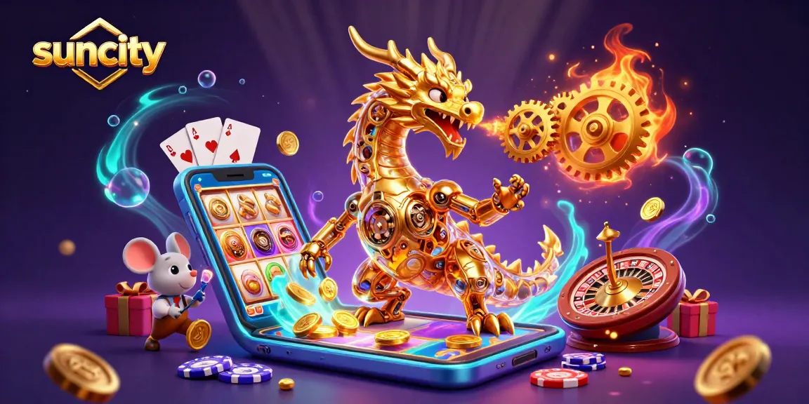 Suncity offers an extravagant gaming experience with a golden dragon breathing coins and casino elements.