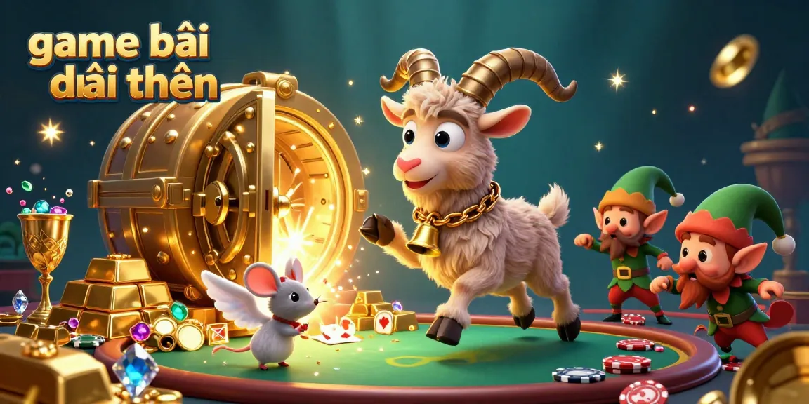 Engaging casino scene showcasing game bài đổi thưởng with Krampus goat, angel mouse, and gremlins amidst wealth.