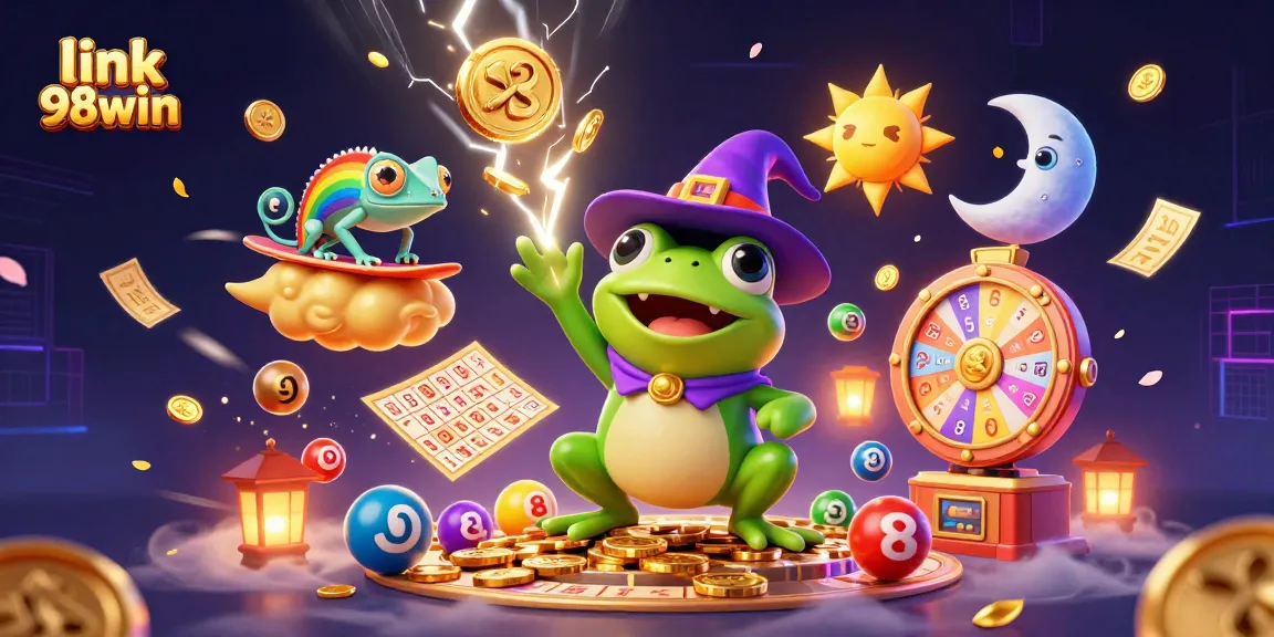 Experience excitement with link 98win as a weather wizard frog unleashes golden coins amidst vibrant gaming elements.