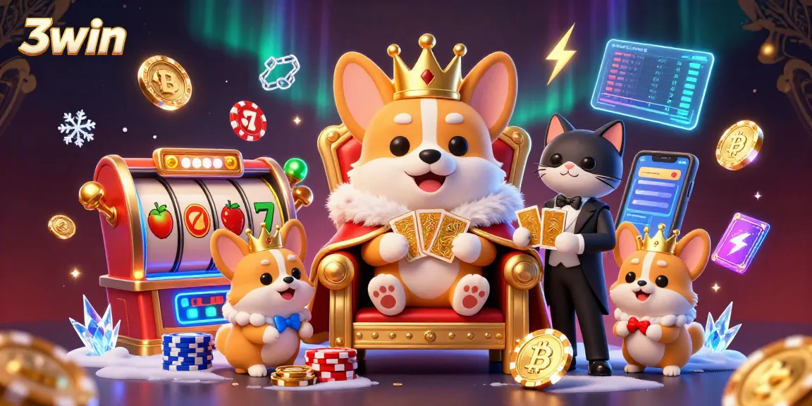 3win showcases an engaging 3D royal corgi casino scene with vibrant slot elements and cryptocurrency highlights.