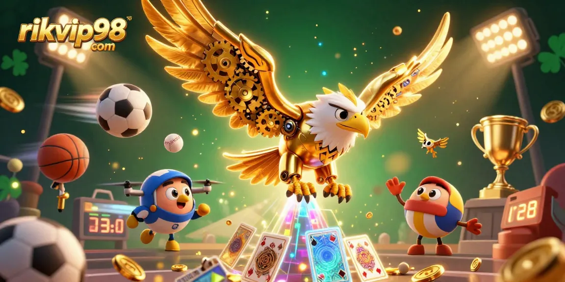 Experience thrilling gaming with rikvip98 com, featuring golden eagle and dynamic sports elements.