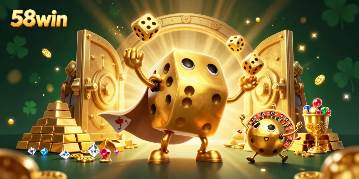 Experience the thrill of 58win with a vibrant illustration of golden dice, treasure, and casino elements.