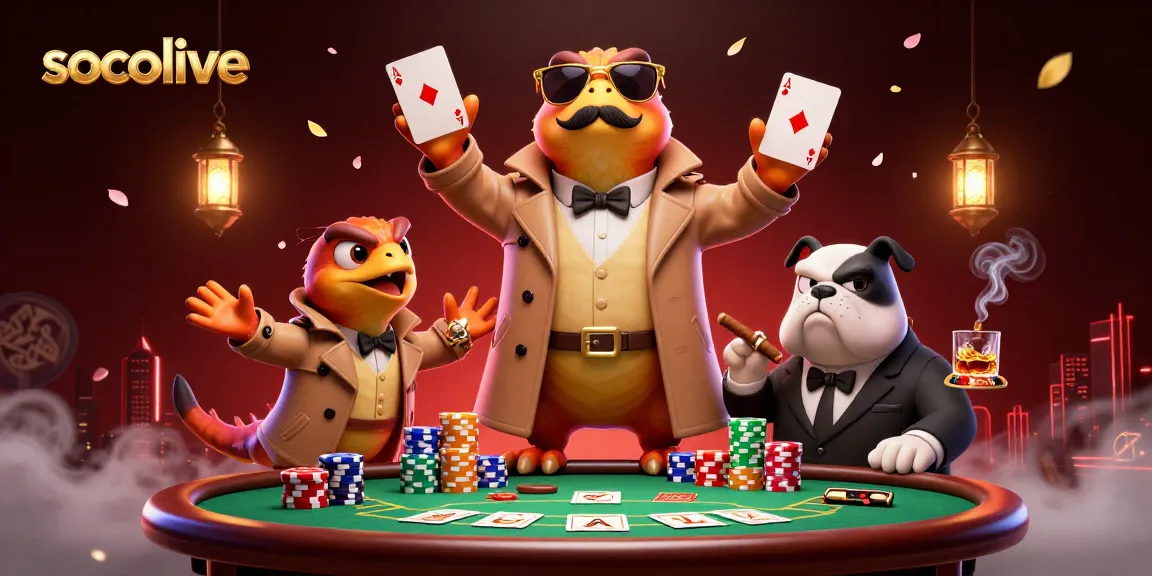 Socolive showcases hilarious cartoon raptors attempting to access a VIP casino lounge, surrounded by poker elements.