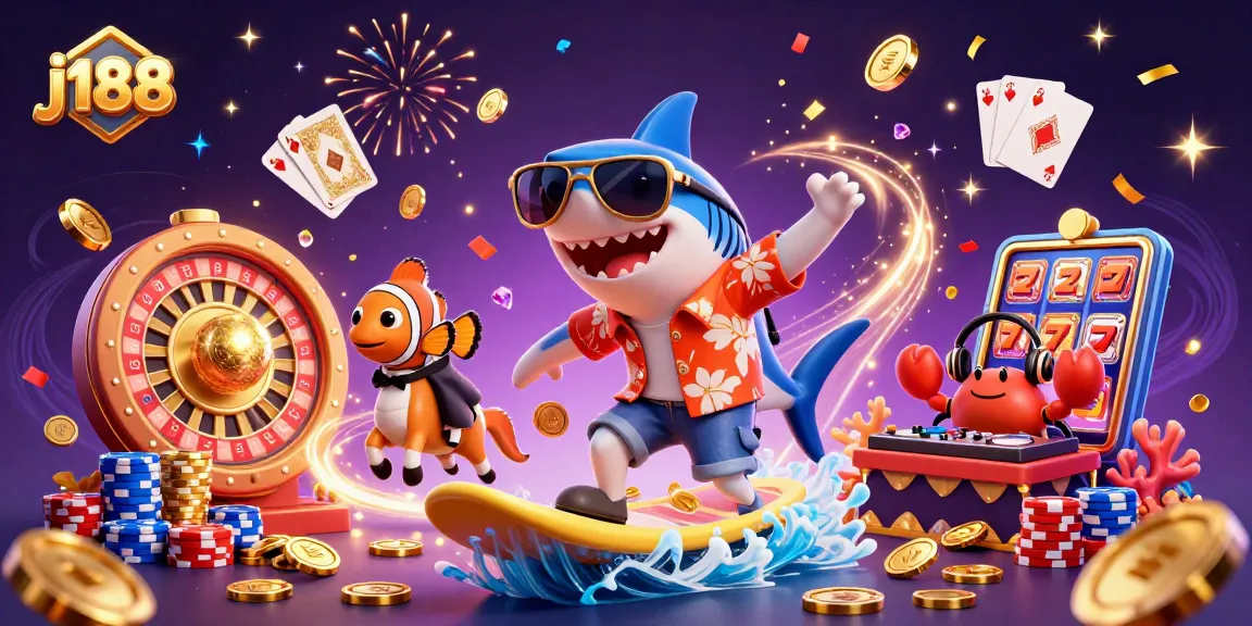 Join the fun at j188 as a shark surfs on gold coins amidst slot reels and vibrant casino elements!