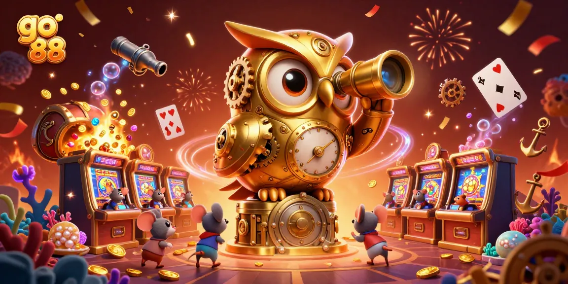 Spin the reels at go 88 with a stunning 3D illustration, featuring a golden owl and vibrant casino elements.
