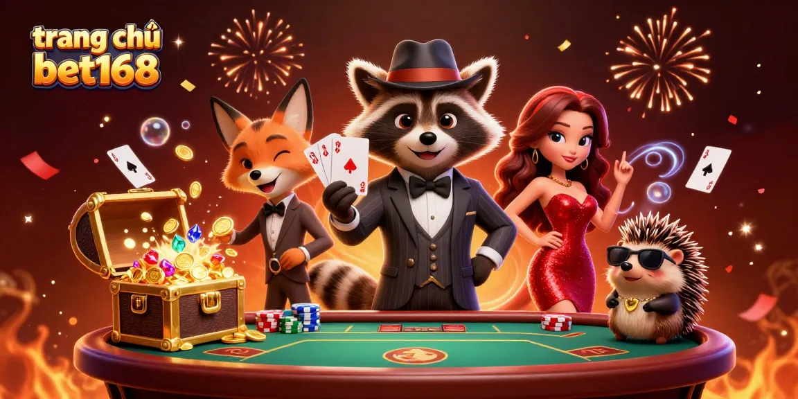 Experience excitement on trang chủ bet168 with a lively 3D illustration of a raccoon, fox, and hedgehog in a casino.