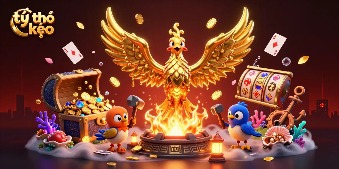 Experience a thrilling ambiance with tỷ lệ kèo amidst golden phoenix and casino elements in dynamic 3D illustration.