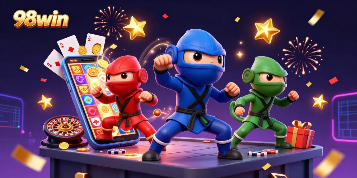 Engage with 98win's dynamic casino experience featuring ninja chameleons and colorful slot games.