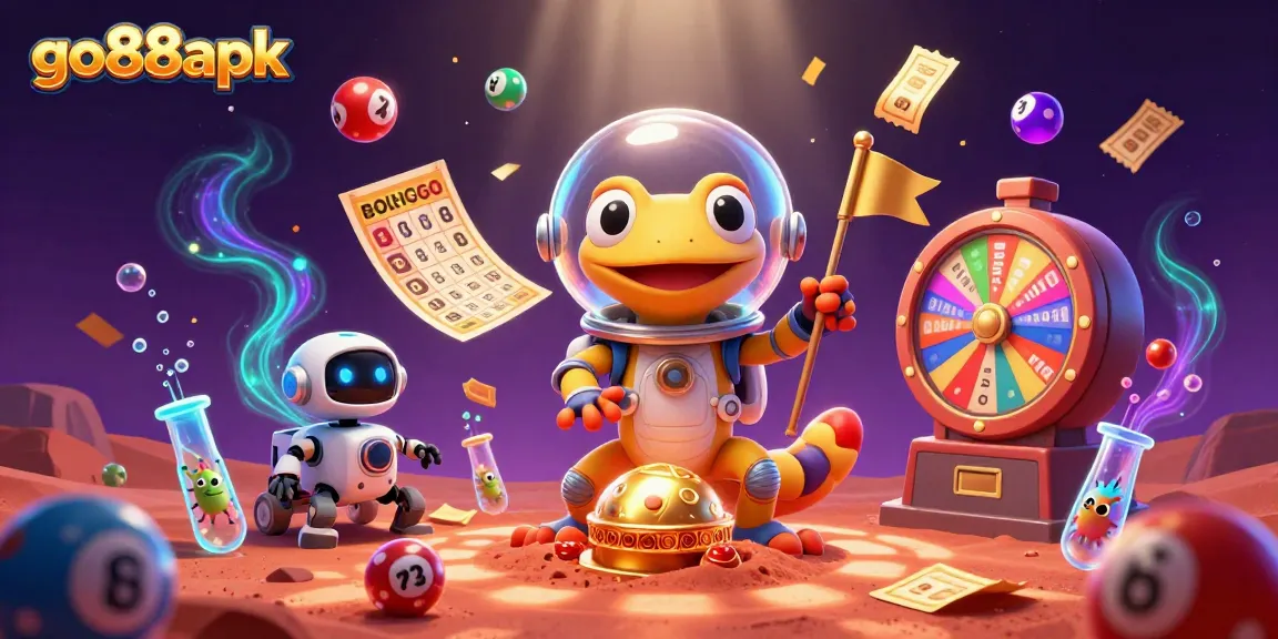 Engage with go88apk while a Martian gecko discovers a golden casino in this vibrant illustration.