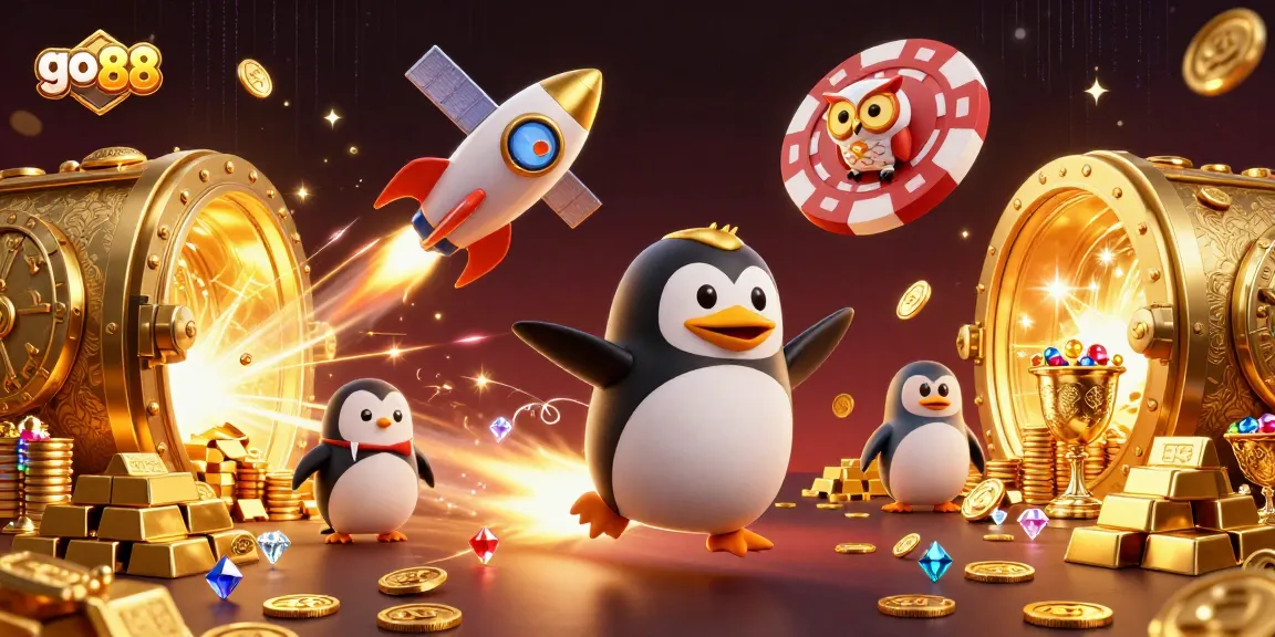 Experience go 88 excitement shooting for jackpots with golden treasures bursting everywhere in this vivid illustration.