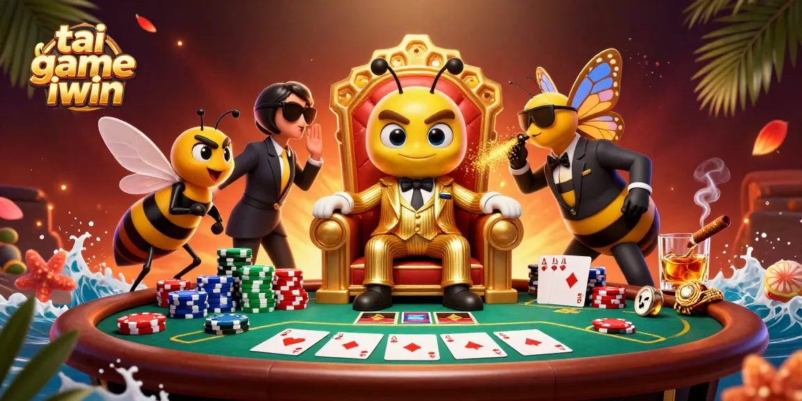 Engage with tai game iwin as a 3D bumblebee mob boss strategizes around a vibrant casino scene.
