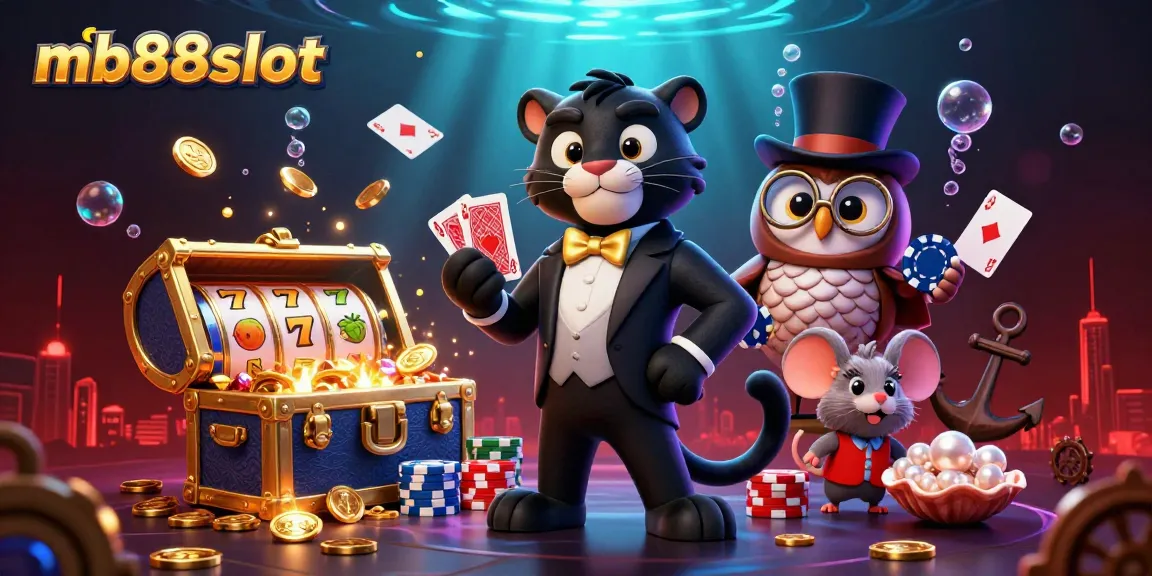 Experience thrilling gameplay with mb88slot as our panther deals cards next to an owl and a lucky mouse.