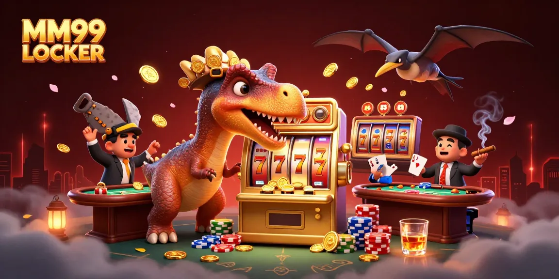 MM99 LOCKER features a cartoon dinosaur at a golden slot machine, winning coins in a vibrant casino