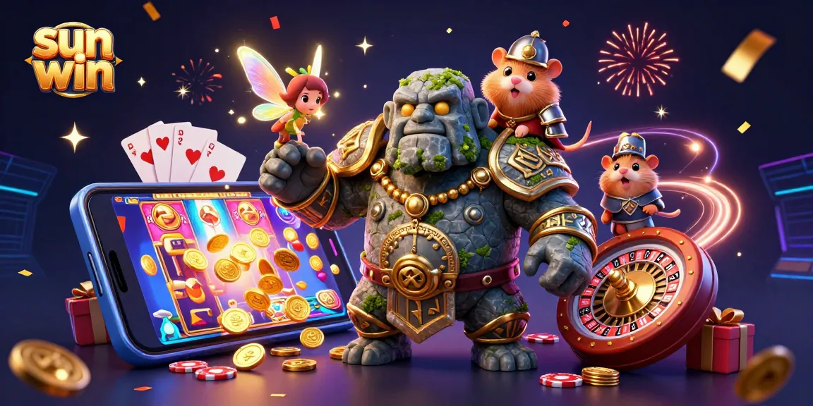 Play exciting games with sun win, featuring slot machines, magical characters, and vibrant action!