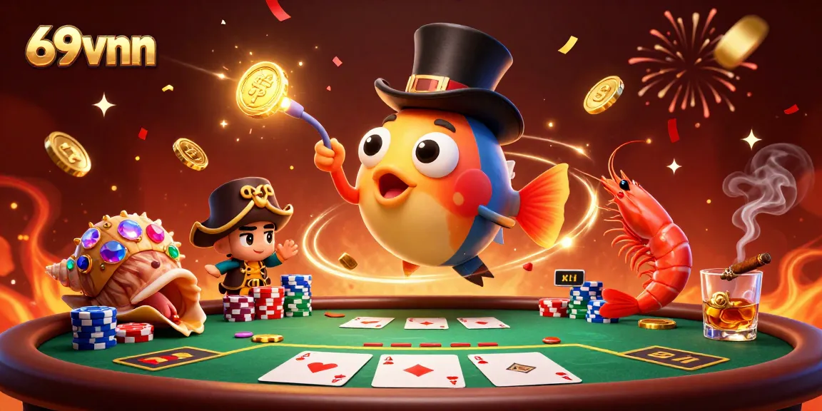 Engage with 69vnn as a deep-sea anglerfish draws golden coins at a lively poker scene.