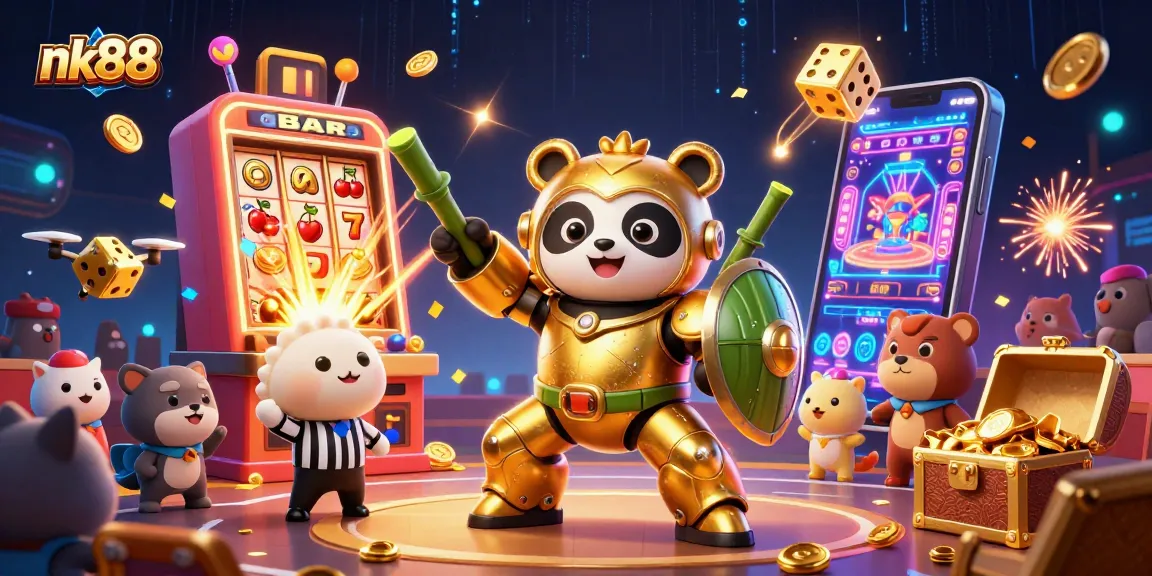 nk88 slot machine scene with golden panda and jackpot excitement for players.