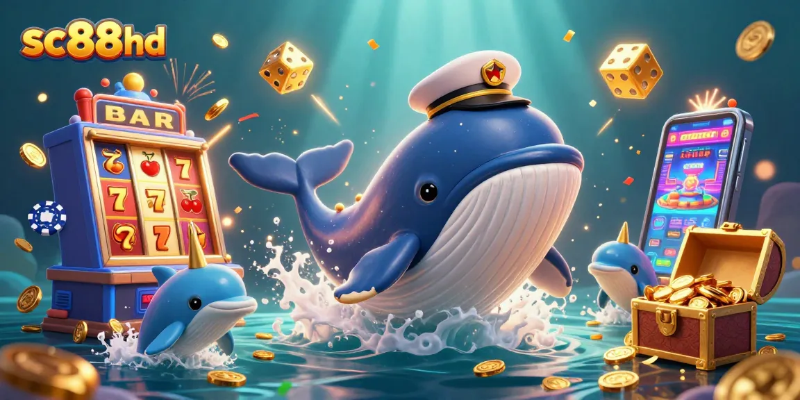 Engaging sc88hd casino artwork with a whale and dynamic gaming elements in a vibrant scene.