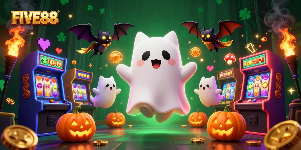 Experience FIVE88 with a playful ghost cat and vampire bat in a vibrant haunted casino