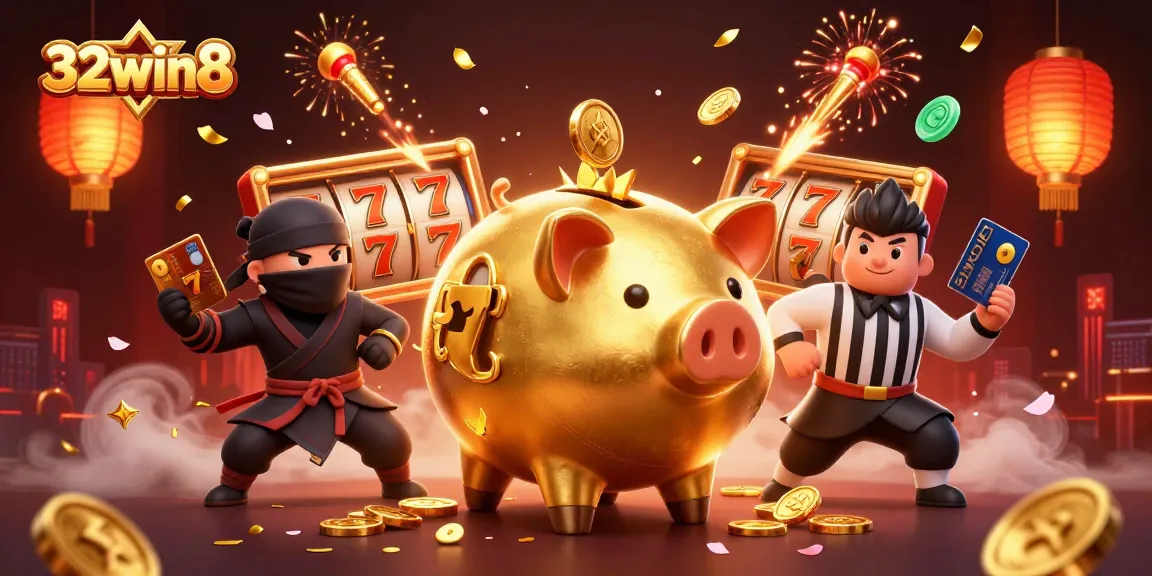 Experience the excitement of casino gaming with vibrant elements in 32win8's spectacular 3D illustration.