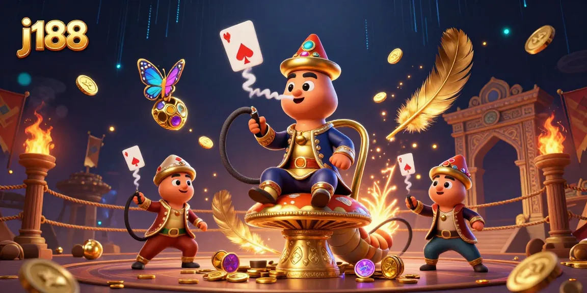 Experience j188's vibrant casino atmosphere with a 3D illustration showcasing poker symbols and golden treasures.