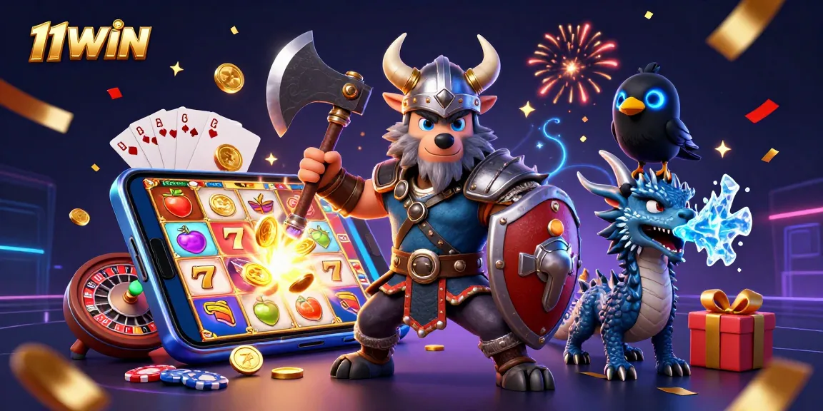 11WIN features a Viking warrior, dragon, and raven playing casino games amidst vibrant, dynamic gambling elements.