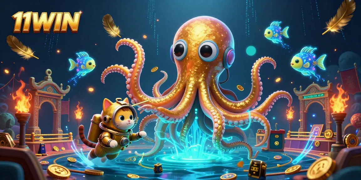 Engage with the thrilling atmosphere of 11WIN's casino experience featuring a kraken and diving cat.