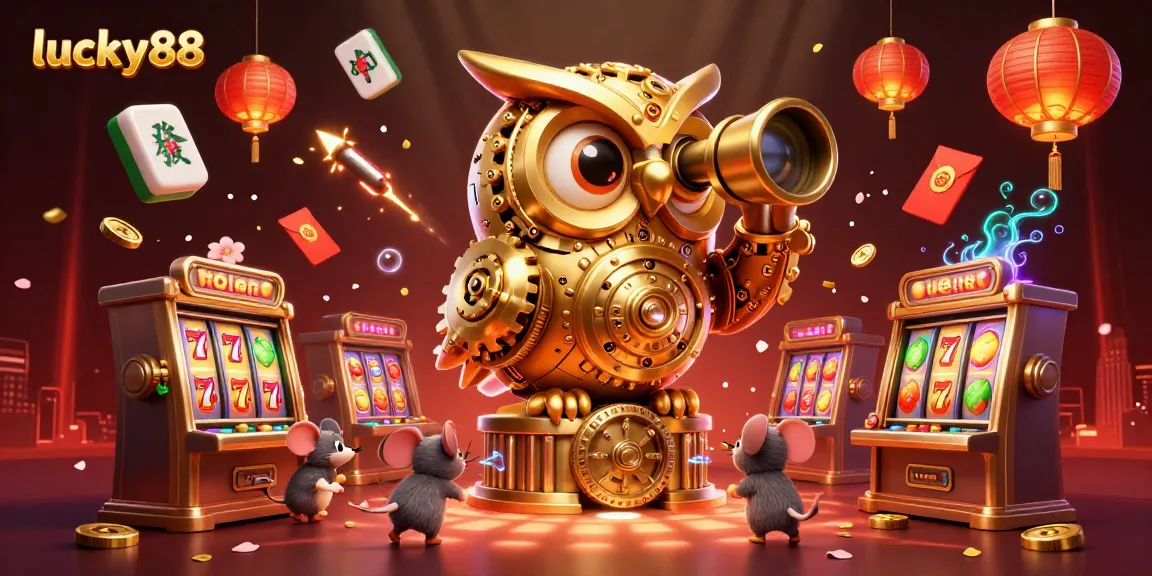 Experience the thrill of lucky88 with a vibrant scene showcasing a golden owl and slot machines.