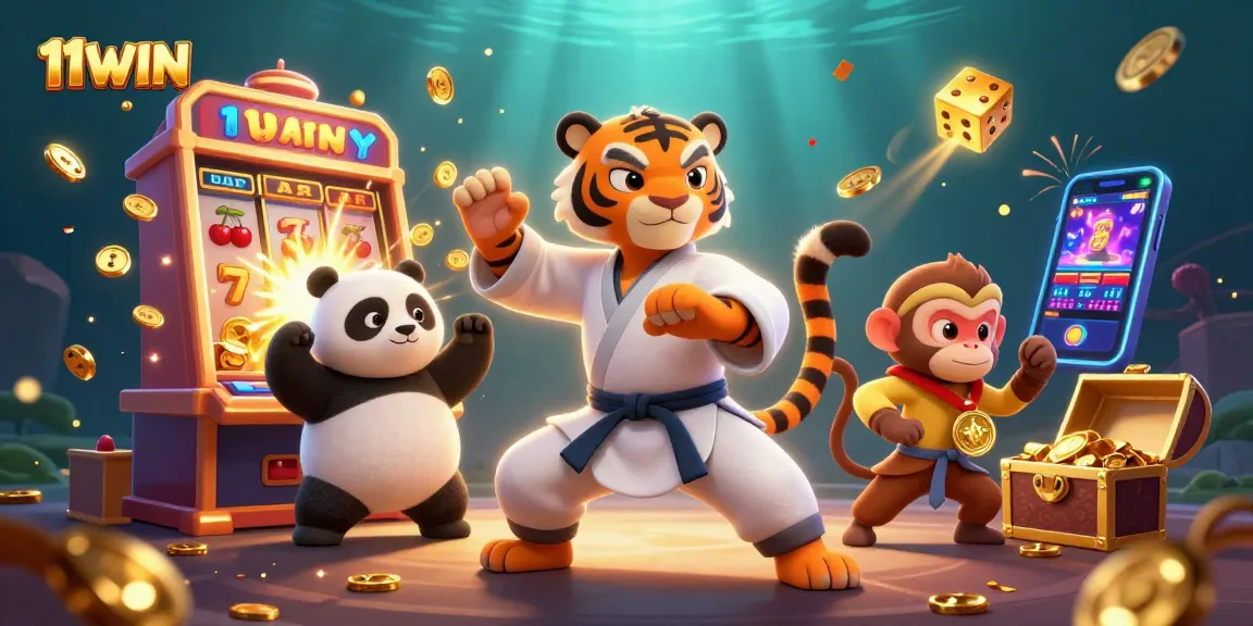 Engage with 11WIN's thrilling jackpot scene featuring playful casino characters and exploding slot machines.