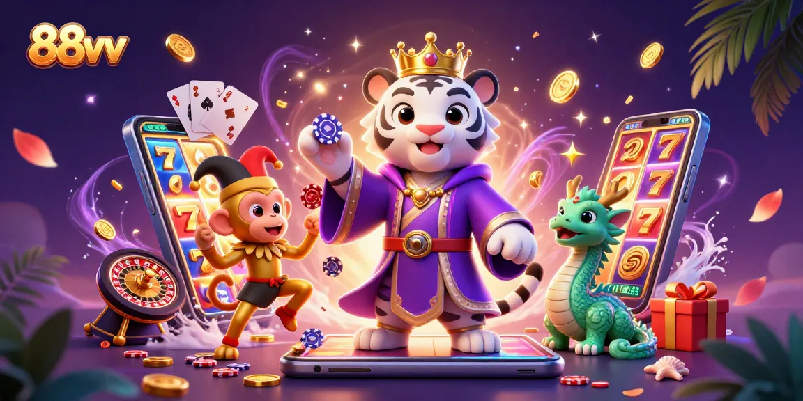 Join the action with 88vv's vibrant 3D casino scene featuring a regal tiger and playful monkey.
