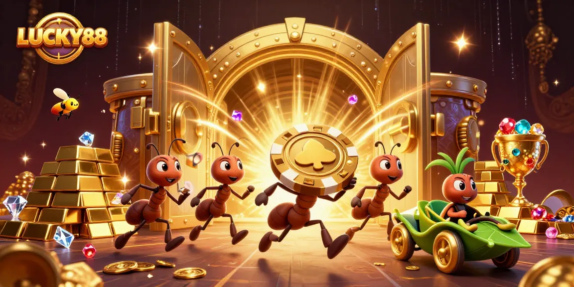 LUCKY88 ants on a heist carrying a giant poker chip, surrounded by gold treasures.