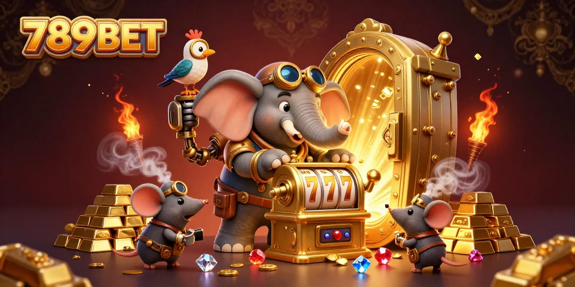 Experience thrilling jackpots with 789BET featuring a steampunk elephant engineer and glamorous slot machine elements.
