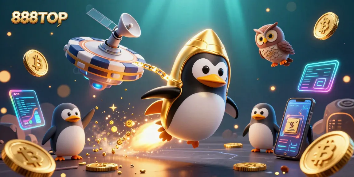 Join the adventure with 888TOP as the golden penguin rockets through space, collecting crypto riches!