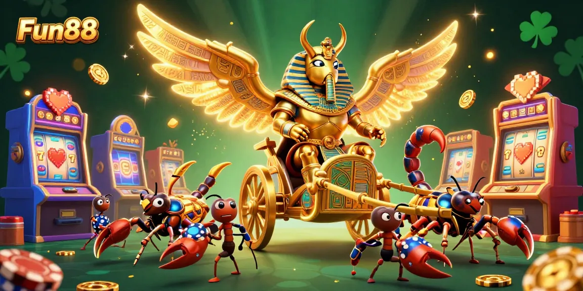 Experience Fun88's thrilling slot gameplay with a colossal golden pharaoh beetle amidst dazzling casino elements.