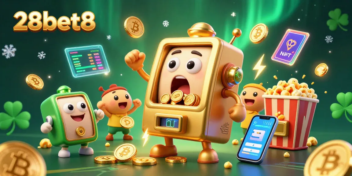 Celebrate a jackpot with 28bet8's 3D slot machine hitting big wins amidst Bitcoin coins and joyful mini machines.