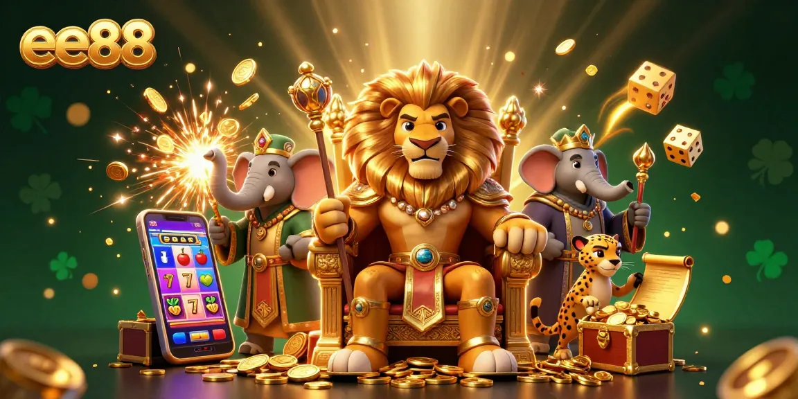 Spin the reels with ee88, featuring a lion king and thrilling jackpot symbols in a dynamic casino illustration.
