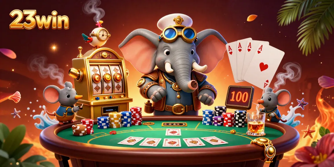 Witness the action as 23win’s steampunk elephant spins the golden slot machine in this vibrant casino scene.