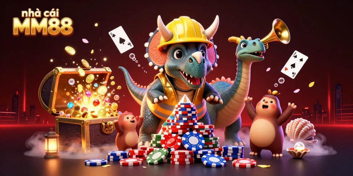 Experience the excitement of nhà cái MM88 with vibrant, dynamic casino characters building a poker chip pyramid.